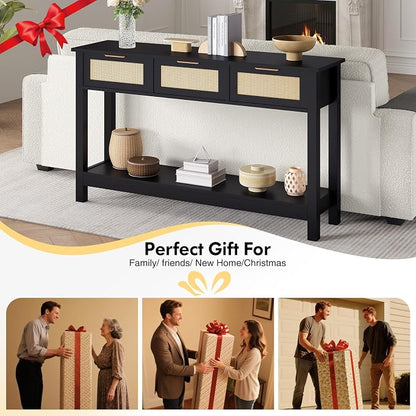 Entryway Table with 3 Drawers, Boho Rattan Console Table with Storage Shelf | Narrow Sofa Table Behind Couch for Hallway, Foyer & Living Room, 47" Wood Accent Table, Easy Assembly, Anti-Tip, Modern Black