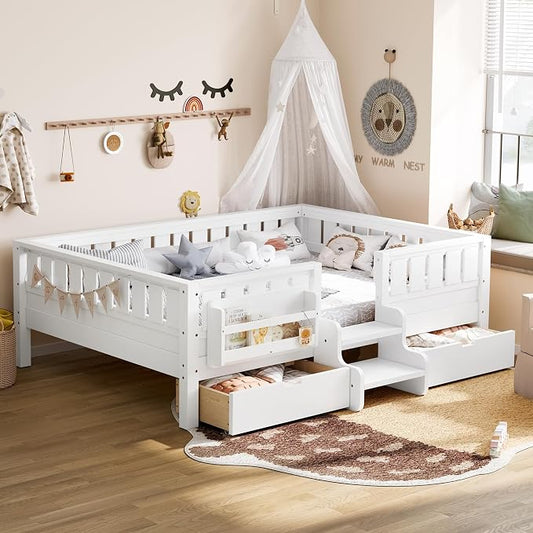 Bellemave Full Size Bed with Slats and Stairs, Full Size Platform Bed Frame with Fence, Bookshelf and Storage Drawers, Easy Assemble Beds for Kids, Girls, Boys, White