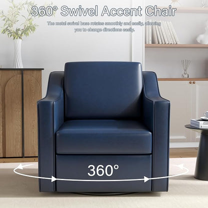 Faux Leather Swivel Accent Chair, 360° Swivel Upholstered Club Armchairs for Living Room, Comfy Single Sofa Reading Chair with Deep Seat, Metal Swivel Base, Navy