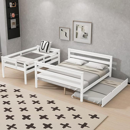 Merax Twin XL Over Queen Bunk Bed Wood Detachable Bunk Bed with Trundle & Ladder, Multifunction Bunk Bed with Full Length Gardrails, No Box Spring Needed,Space Saving,White