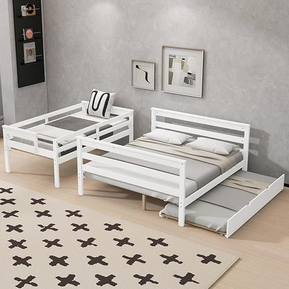 Wood Bunk Bed Twin XL Over Queen Size with Trundle, Detachable Design Bunk Bed Frame with Safety Guardrail, Ladder and Sturdy Slats Support (White+Trundle)