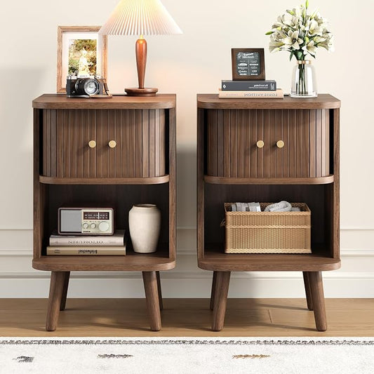 Decofy Fluted Nightstand Set of 2, Mid Century Modern Bedside Table with Charging Station, Walnut End Tables with Sliding Tambour Doors, Storage Cabinet and Open Shelf for Bedroom, Walnut