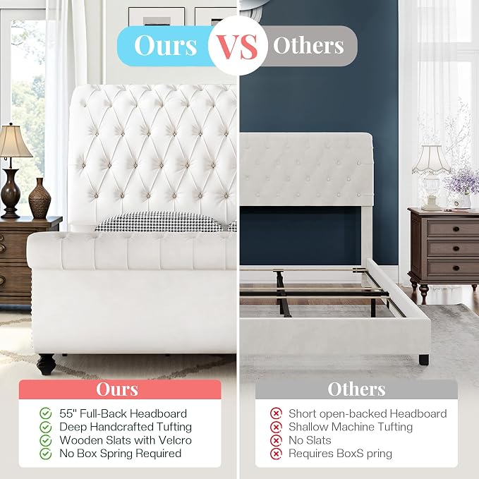 AMERLIFE 55" Tall Sleigh Bed Frame with Scroll Headboard & Footboard, Velvet Upholstered Platform Bed with Deep Button Tufted, Solid Wood Legs, No Box Spring Needed, White, California King