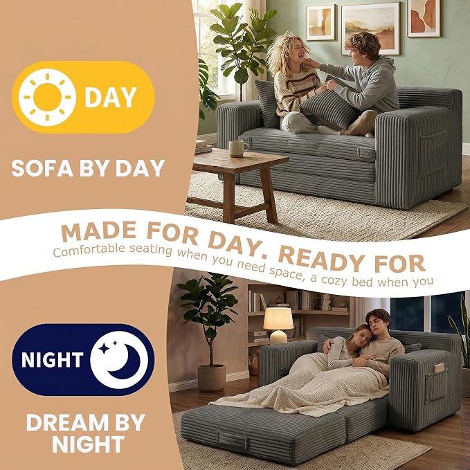 Boneless Loveseat Sofa Bed, Tri-Folding Convertible Futon Sleeper with Handle & Side Pockets, 54'' Boneless Couch with Hook and Loop No Assembly for Small Space,Living Room & Bedroom