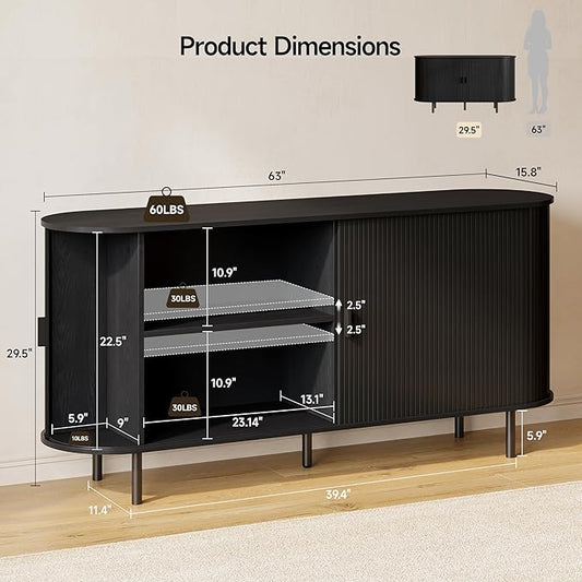 Buffet Sideboard Cabinet with Storage, 63" Fluted Cabinet with Sliding Door & Adjustable Shelf, Modern Accent Coffee Bar Console Table for Kitchen, Entryway, Black