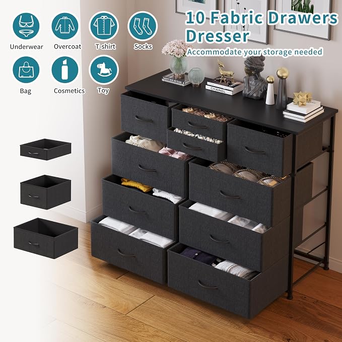 LUMTOK 10-Drawer Dresser, Fabric Storage Tower with Drawers for Bedroom, Dresser Drawer with Handle for Bedroom, Living Room, Hallway, Closets & Nurseryteel Frame, Wood Top (10 Drawer/Grey)