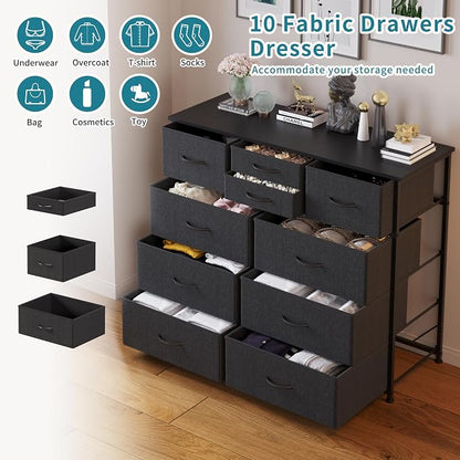 LUMTOK 10-Drawer Dresser, Fabric Storage Tower with Drawers for Bedroom, Dresser Drawer with Handle for Bedroom, Living Room, Hallway, Closets & Nurseryteel Frame, Wood Top (10 Drawer/Grey)