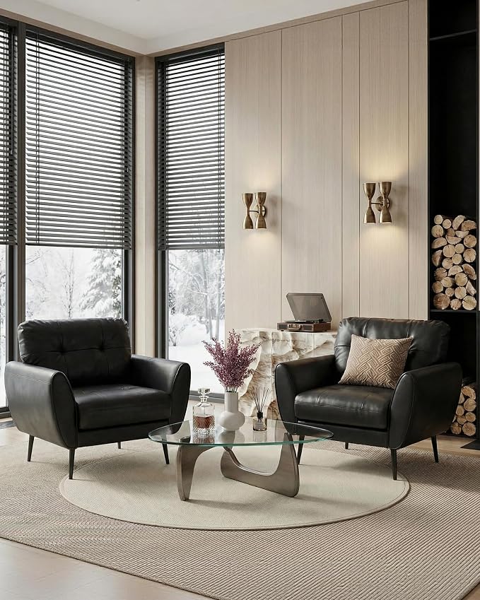 TYBOATLE Accent Chairs Set of 2, Comfy Modern Living Room Chair Black Leather Reading Accent Chairs Tufted Mid Century Arm Chair Small Salon Chair for Office Bedroom (2, Black)