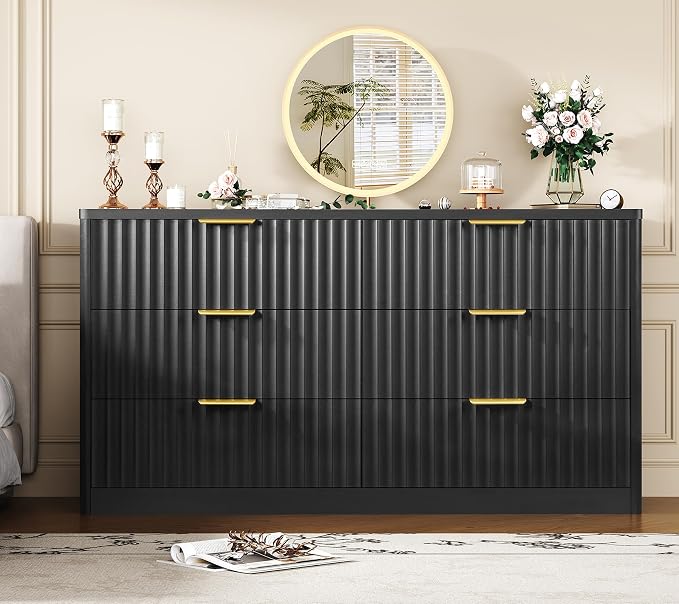 TEENFON Fluted 6 Drawer Dresser for Bedroom, Wide Modern Chest of Drawers with Metal Handle, Curved Profile Design, Wood Closet Clothes Storage Organizer for Bedroom, Living Room, Hallway, Black