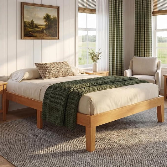 Sweetcrispy Twin Size Bed Frame 12 inch Heavy Duty Platform Bedframe, 500 lbs Capacity, Underbed Storage, No Box Spring Needed, Wooden Slats, Easy Assembly with Velcro, Honey Finish