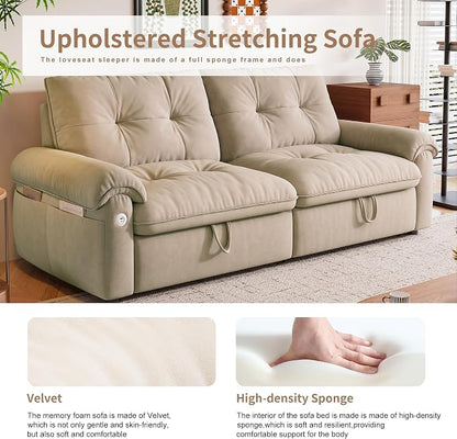 77.2'' Pull Out Couch Full Size, Pre-assembled Sleeper Sofa Bed, Flannel Convertible Futon Sofa Bed with Adjustable Backrest, USB, Side Pocket, Loveseat for Living Room, Apartment, Light Brown