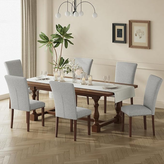 COLAMY Parsons Dining Chairs Set of 6, Upholstered Fabric Dining Room Kitchen Chair with Nailhead Trim and Wood Legs - Light Grey