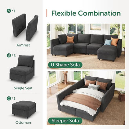 HONBAY Modular Sectional Couch L Shaped Sectional Sofa with Storage, Convertible Couches for Living Room - Snowflake Velvet Grey