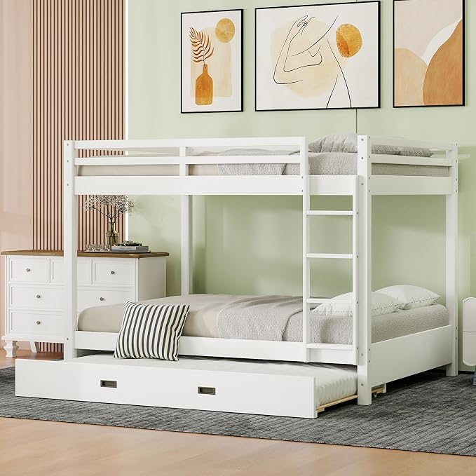 Merax Wood Queen Bunk Bed with Twin XL Trundle & Ladder - Space-Saving Design, Sturdy Frame & Guard Rails,White
