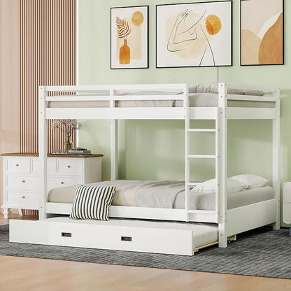Merax Wood Queen Bunk Bed with Twin XL Trundle & Ladder - Space-Saving Design, Sturdy Frame & Guard Rails,White