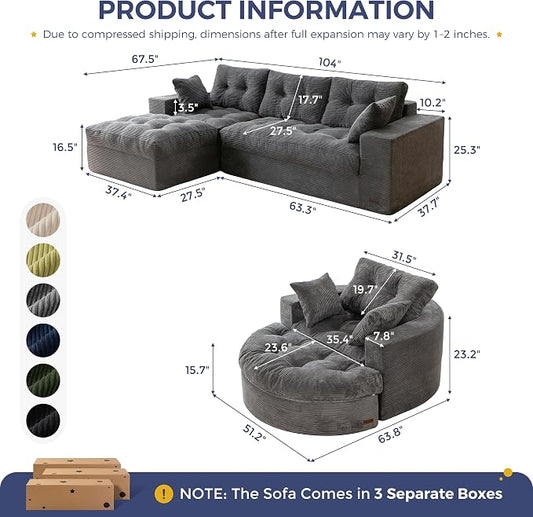 MAXYOYO L Shape Sectional Sofa Couch and Round Chaise Lounge, Modern Cloud Couch with Ottoman, Comfy Sofa with Layered Cushion, Tufted Upholstered Chair for Living Room, No Assembly Required