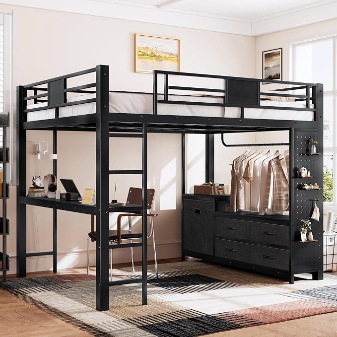 Bellemave Queen Size Loft Bed with Desk and Storage Pegboard, Queen Loft Bed Frame with Storage Drawers, Laundry Hamper and Clothes Hanging Rod, Adults Loft Beds Nosie-Free, Black