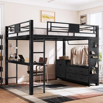 Bellemave Queen Size Loft Bed with Desk and Storage Pegboard, Queen Loft Bed Frame with Storage Drawers, Laundry Hamper and Clothes Hanging Rod, Adults Loft Beds Nosie-Free, Black
