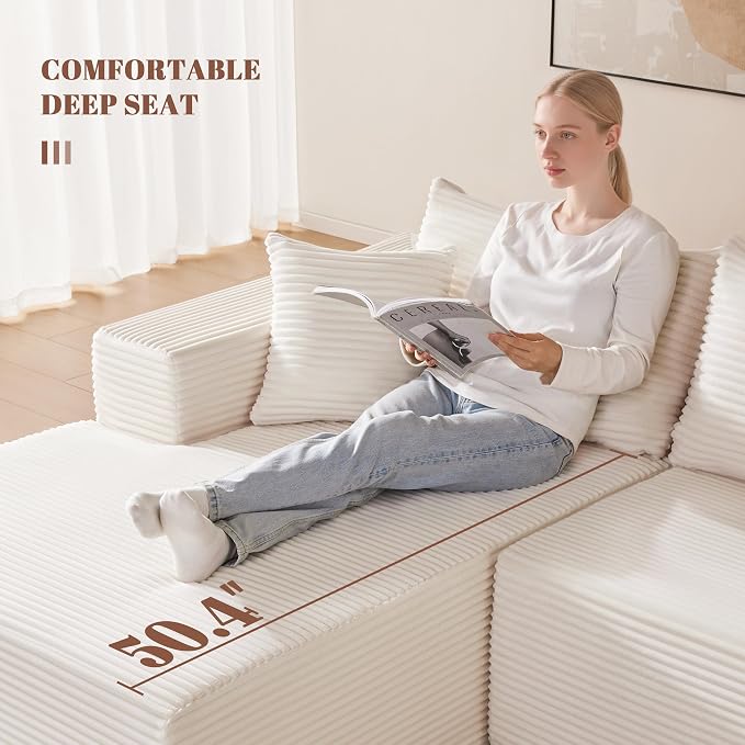 Mangodan 140” Cloud Sectional Couch, Modular Sectional Sofa with Deep Seat, Boneless Sofa for Living Room, Fluffy Comfy L-Shaped Couch with Left Facing Chaise, No Assembly Required, Beige