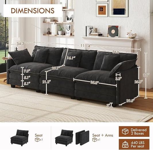 WorthFurni 111.4” Cloud Couch, Modular Sectional Sofa, Comfy Modern 3-Seater Couches with Pillows & Upholstered Deep Seat Cushion for Living Room Apartment Bedroom (Black)