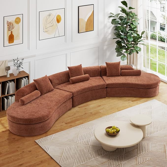 AVZEAR Curved Modular Sectional Sofa, Chenille Upholstered Cloud 6 Seater Couch for Living Room, No Assembly Modern Love Seat Sofa with 3 Bolster Pillows & 3 Square Pillows, High-Density Foam, Orange
