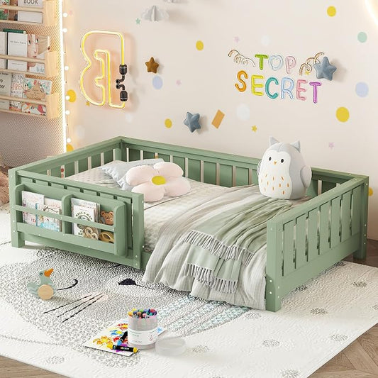 Bellemave Twin Floor Bed with Rails and Slats, Twin Size Montessori Floor Bed with Bookshelf and Fence, Easy Assemble Montessori Beds Frame for Girls, Boys, Avocado Green