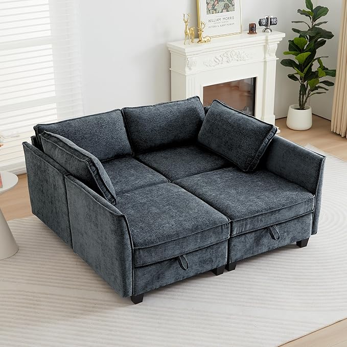 ORRD Sleeper Modular Sectional Sofa Set, Convertible Couch Bed with Storage, 4 Seater and 4 Armrestes Sofa Modular for Living Room, Office (Blue Grey)
