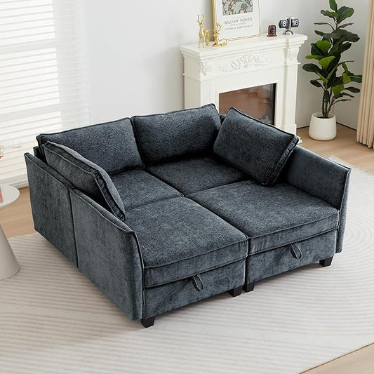 ORRD Sleeper Modular Sectional Sofa Set, Convertible Couch Bed with Storage, 4 Seater and 4 Armrestes Sofa Modular for Living Room, Office (Blue Grey)