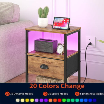 sthmec Nightstands Set of 2, LED Night Stands with Charging Station and Fabric Drawer, Bedside Tables with Drawers, 2- Tier LED Side Table End Table Charging Station Bedroom,Rustic Brown