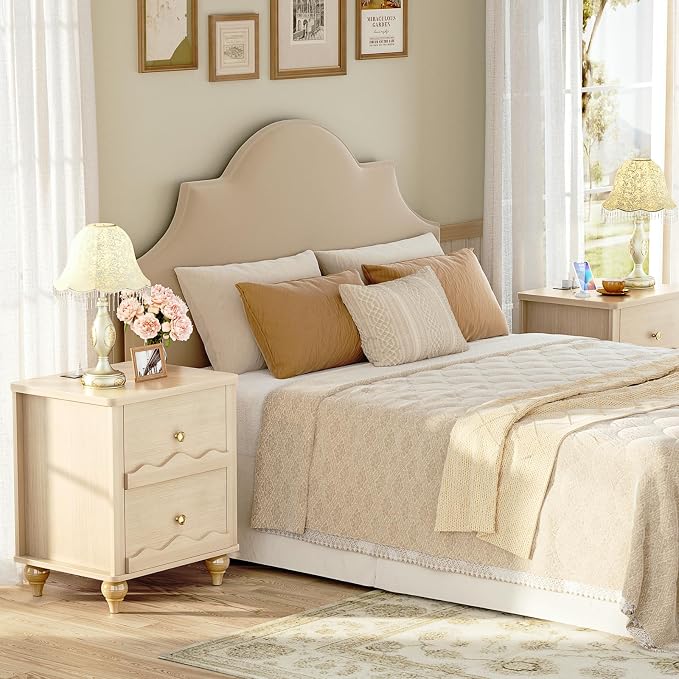 Cyclysio Natural Wood Nightstand with Charging Station Set of 2, Scalloped Bedside Table with 2 Smooth Drawers, Modern End Table with Solid Wooden Legs for Bedroom and Small Spaces