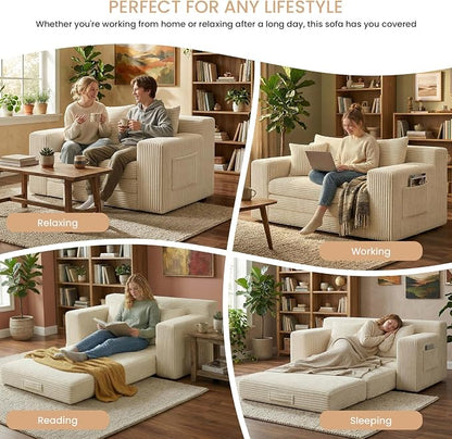 Boneless Loveseat Sofa Bed, Tri-Folding Convertible Futon Sleeper with Handle & Side Pockets, 54'' Boneless Couch with Hook and Loop No Assembly for Small Space,Living Room & Bedroom