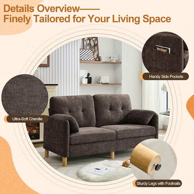 WUTUTUEE 65" Chenille Loveseat Sofa, Modern 2-Seater Love Seat Couch with Armrest Pillows, Storage Pockets, Easy Assembly, Upholstered Tufted Loveseat Couches for Living Room Bedroom, Brown
