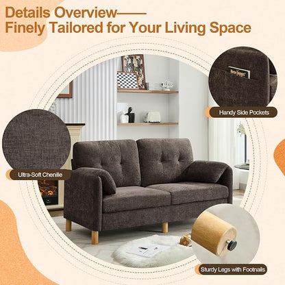 WUTUTUEE 65" Chenille Loveseat Sofa, Modern 2-Seater Love Seat Couch with Armrest Pillows, Storage Pockets, Easy Assembly, Upholstered Tufted Loveseat Couches for Living Room Bedroom, Brown