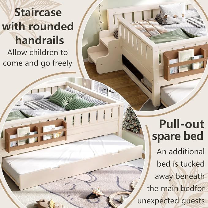 Bellemave Full Kids Montessori Bed with Stairs, Bookshelf and Trundle, Solid Wood Kids Bed Frame with Storage for Boys Girls, Low Profile,Beige