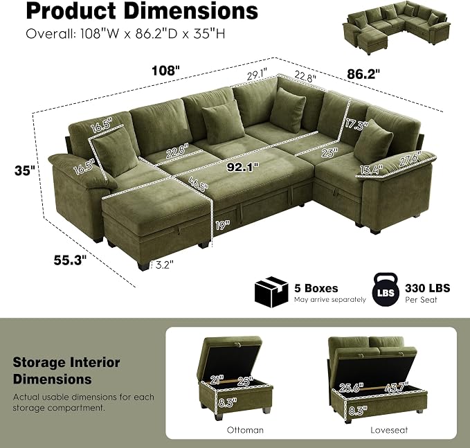 Ihanherry 108" Modular Sectional Sofa with Pull Out Bed, 7-Seater L Shaped Sectional Sleeper Couch with Storage, Chenille Convertible Couches for Living Room, Apartment (Green)