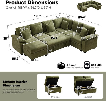 Ihanherry 108" Modular Sectional Sofa with Pull Out Bed, 7-Seater L Shaped Sectional Sleeper Couch with Storage, Chenille Convertible Couches for Living Room, Apartment (Green)