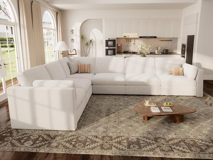 Oversized Modular Sectional Sofa V-Shaped Cloud Couches White | Extra Large Deep Seat Couch for Living Room, 6-Seater Luxury Corner Sofa, Solid Wood Frame, Removable Washable Cover