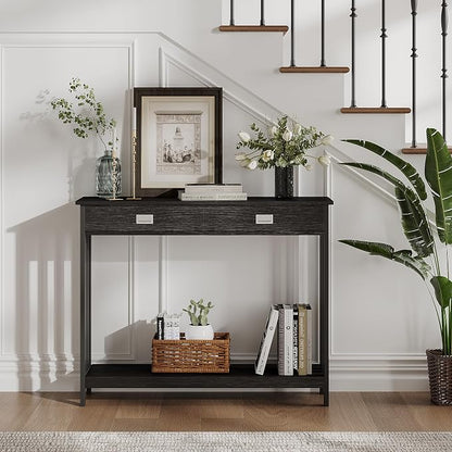 ChooChoo 39" Black Entryway Table with Drawer, Narrow Console Table with Storage Shelf, Sofa Table for Living Room, Entryway, and Hallway