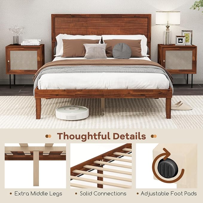 KOMFOTT Full Size Wood Bed Frame with Headboard, Solid Acacia Wood Platform Bed Frame, Wooden Slats Supported Bed Base with Under-Bed Storage Space, No Box Spring Needed Mattress Foundation