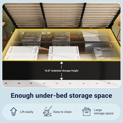 Allewie King Size Lift Up Storage Bed Frame with Charging Station & LED Lights, Adjustable Velvet Upholstered Storage Headboard, Type-C & USB Ports, Hydraulic Support, No Box Spring Needed, Black