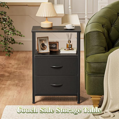 Huuger Night Stand Set of 2, Nightstand with 2 Drawers, Bed Side Table with Open Shelf, Wooden Top, End Table, Fabric Drawer, for Bedroom, Black
