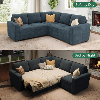 HONBAY Modular Sectional Sleeper Couch with Pull Out Bed, Corduroy L Shaped Sofa with Storage, Convertible Sectional Couches for Living Room, Blue