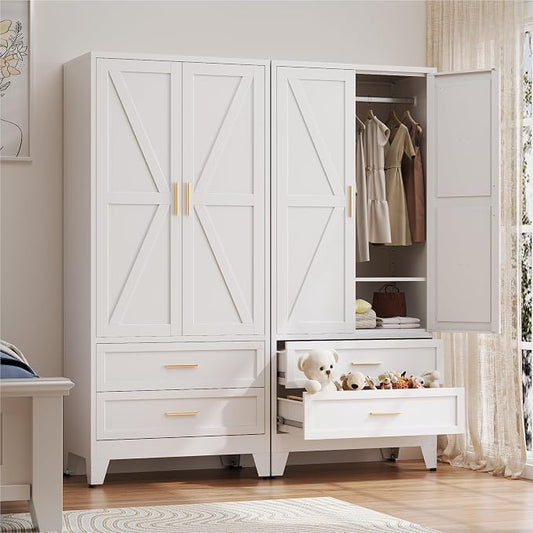 Baborokic Metal Wardrobe Cabinet with Hanging Rod,71" Armoire Wardrobe Closet with 2 Drawers,Farmhouse Bedroom Armoire,Storage Cabinets with Door and Shelves for Bedroom,Laundry Room(White)