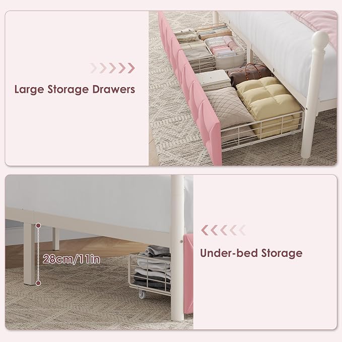 Keyluv Queen Size Upholstered LED Canopy Bed Frame with Charging Station and Drawer, Button Tufted Crown Headboard with Storage Shelf, Two-Purpose Removable Four Poster Design Platform Bed, Pink