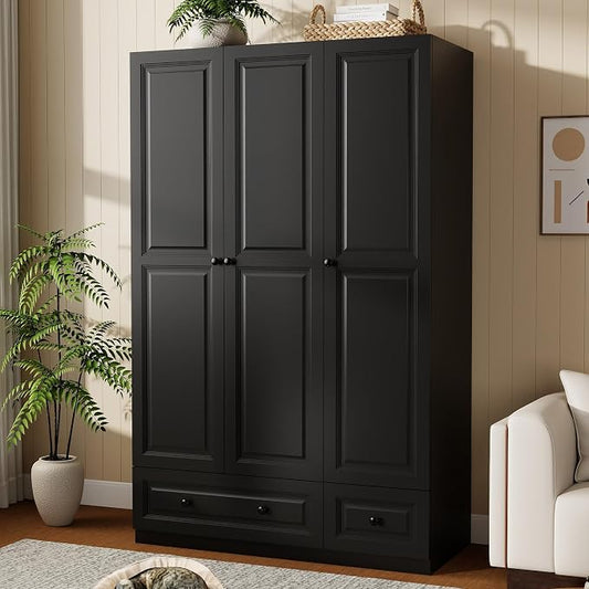 Armoire Wardrobe Closet with Drawers: 74" Black Wardrobe Closet with 3 Doors, Bedroom Armoires with 2 Drawers, Wood Closets Cabinet for Hanging Clothes (Black, 47")
