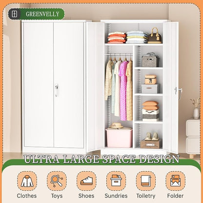 Greenvelly Metal Wardrobe Cabinet with Locking Doors, 72"H White Metal Wardrobe Closet with Hanging Rods and Adjustable Shelves, Clothing Storage Closet for Home, Office, Employee, Gym (16" D x 32" W)
