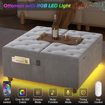 Dnxao Large Square Storage Ottoman with Lift Top,Tufted Velvet Ottoman Coffee Table with Charging Station and LED Lights,Multi-Functional Footrest with Storage Pockets & Tray for Living Room,Gray