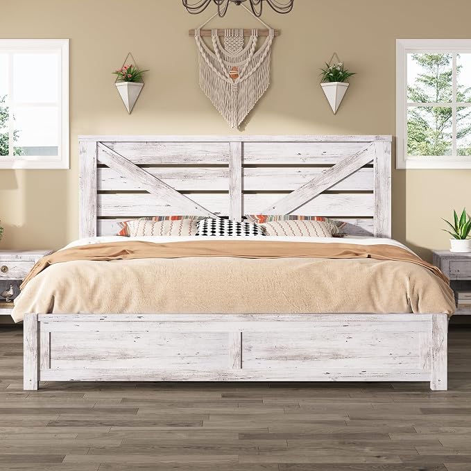 AMERLIFE King Size Bed Frame with 49.2" Barn Door Headboard and Footboard, Farmhouse Platform Bed Frame with Wood Slats, No Box Spring Needed, Under Bed Storage, Distressed White
