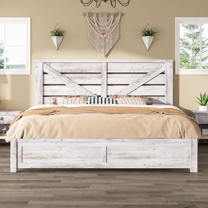 AMERLIFE King Size Bed Frame with 49.2" Barn Door Headboard and Footboard, Farmhouse Platform Bed Frame with Wood Slats, No Box Spring Needed, Under Bed Storage, Distressed White