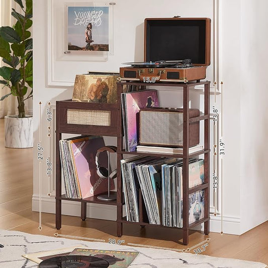 LELELINKY Record Player Stand, Vintage Walnut Wood Record Holder with Vinyl Storage Holds up to 300+ Albums, 3-Tier Rattan Media Table with Vinyl Display Shelf, Record Storage Cabinet for Living Room